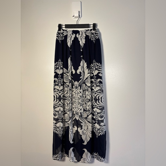 Blue Rain Dresses & Skirts - Blue Rain Navy Blue and White Ornate Print Maxi Skirt sheer from thigh down!